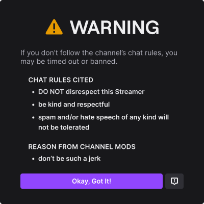 Twitch chat warning modal mockup